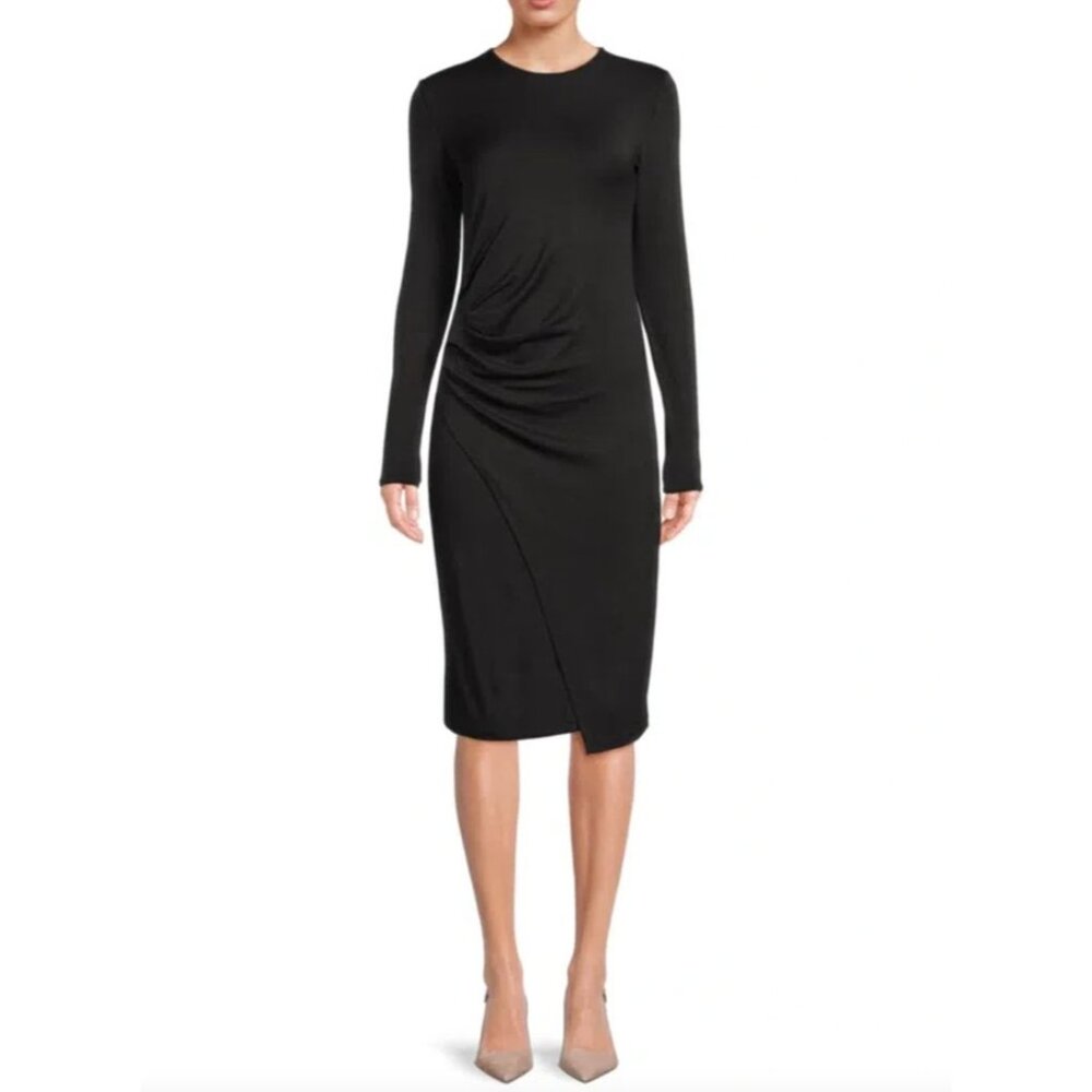 Vince Dress Womens Small Black Long Sleeve Ruched Midi Bodycon Jersey Stretch‎